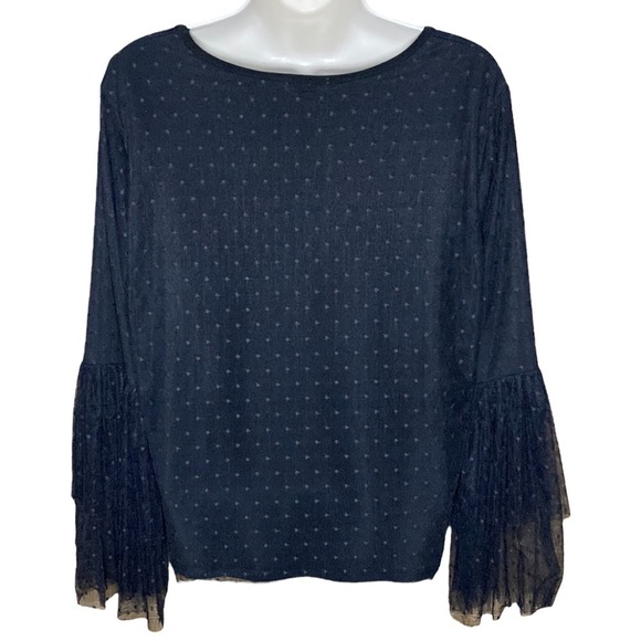 Pebble & Stone | Black Sheer Net Overlay Blouse Polka Dot Fluted Bell Sleeves M - Picture 2 of 6